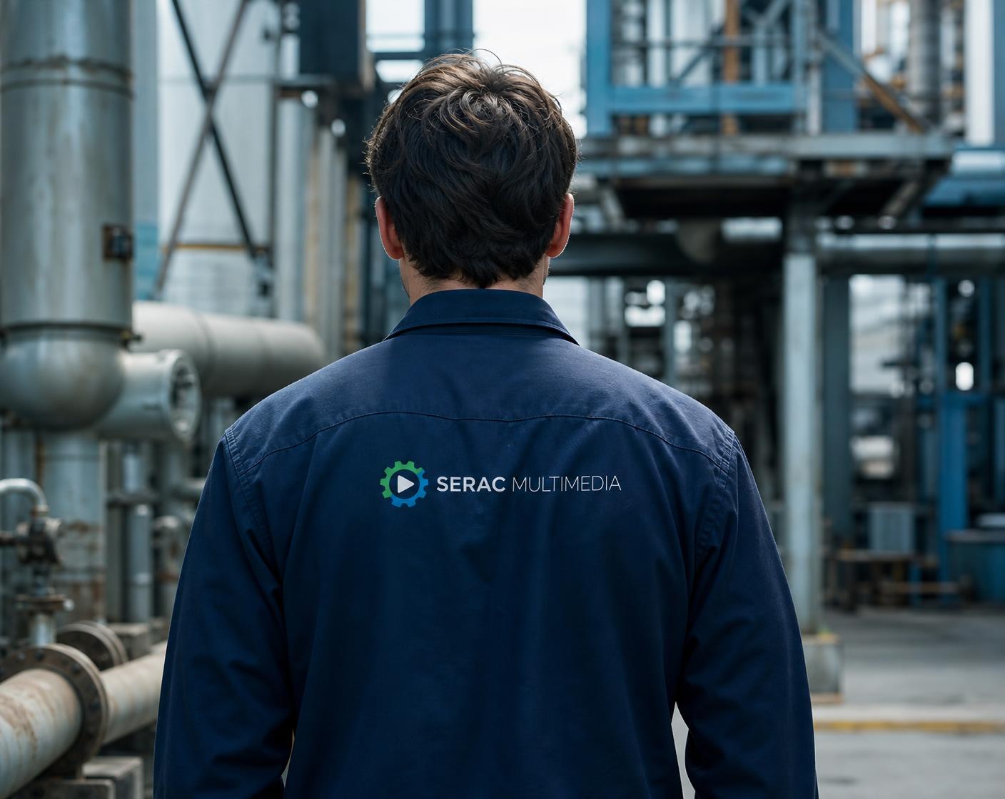 Técnico de espaldas en una instalación industrial, con el logo SERAC MULTIMEDIA en la camisa